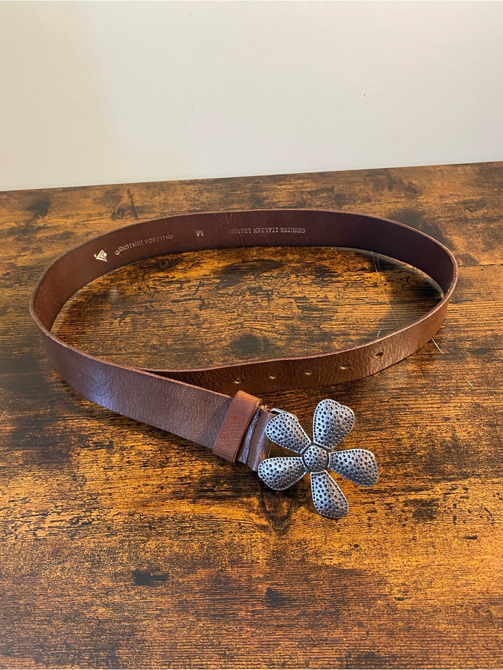 Silpada Brown Leather Belt with Flower Metal Buckle